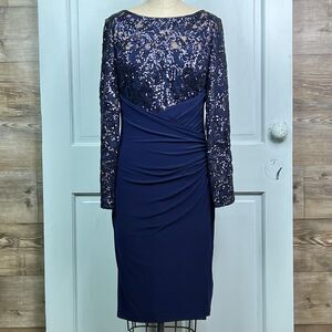 Lauren Ralph Lauren Blue Sequin Cocktail Dress Sheath Long Sleeve Ruched Skirt 8
